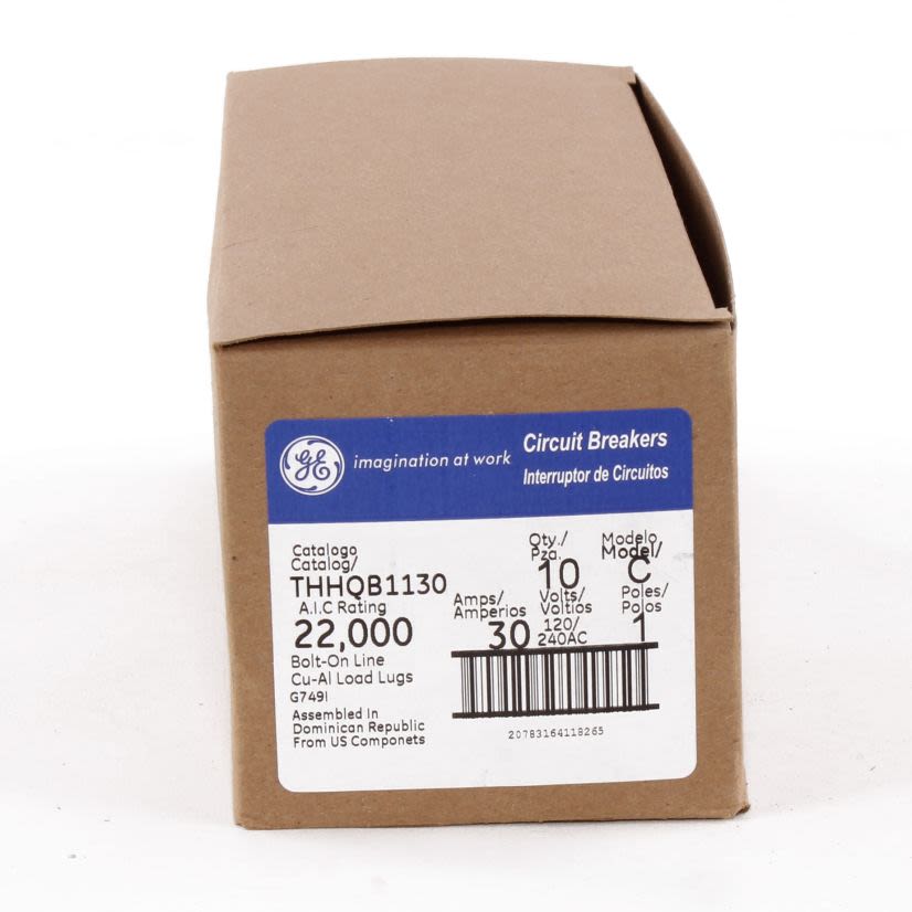 GE Q-Line® THHQB1130 Type THHQB Compact Molded Case Circuit Breaker, 120/240 VAC, 30 A, 22 kA Interrupt, 1 Poles, LI/Non-Interchangeable Thermal Magnetic Trip